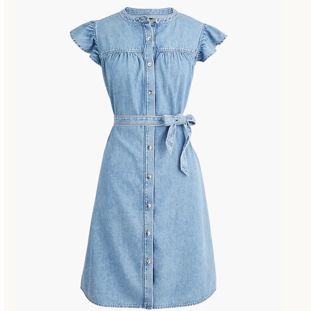 J. CREW |‎ NWT Ruffle-sleeve Denim Mini Dress Cap Button Front Belt | Size 8